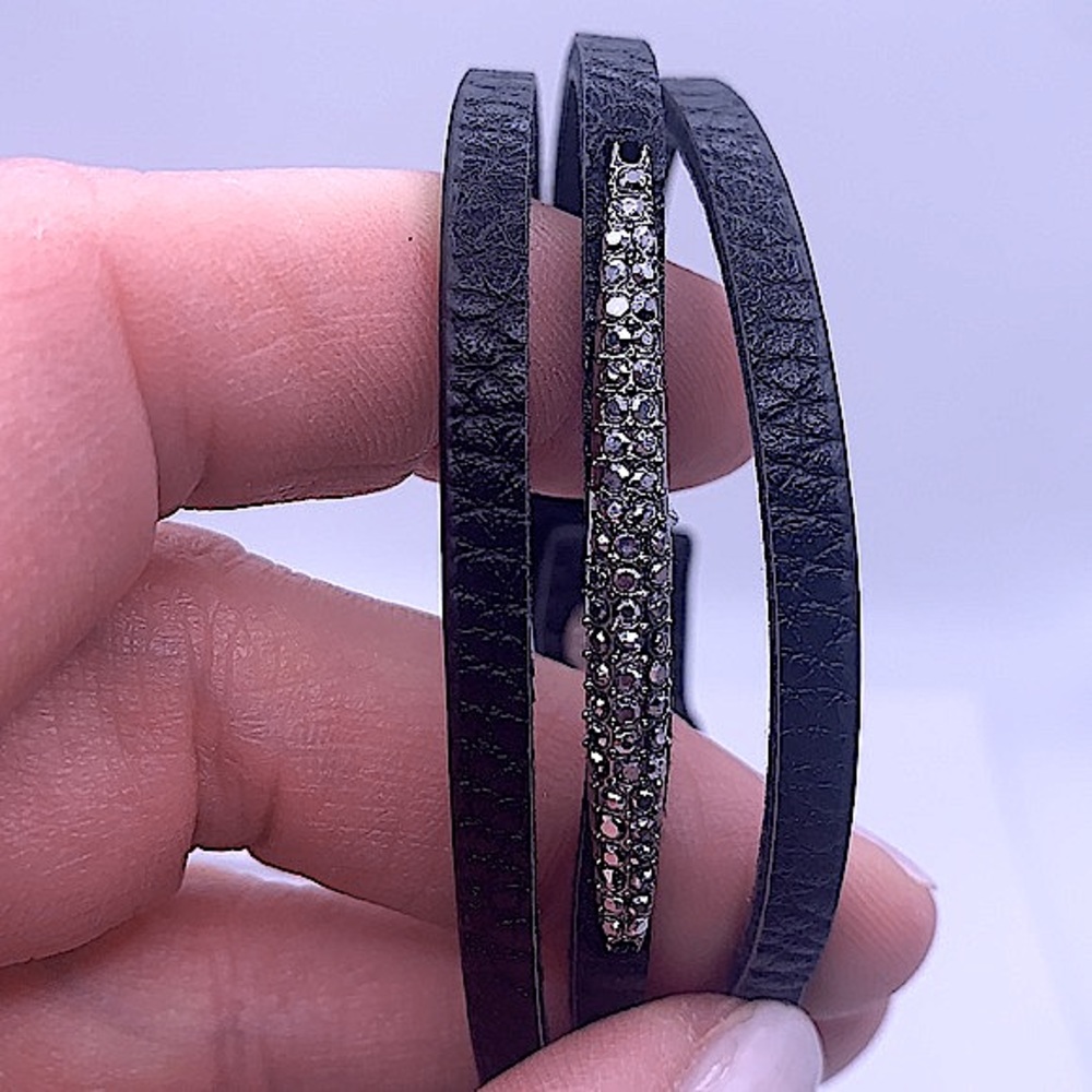 Black Leather Wrap Bracelet W/Faceted Crystals NEW